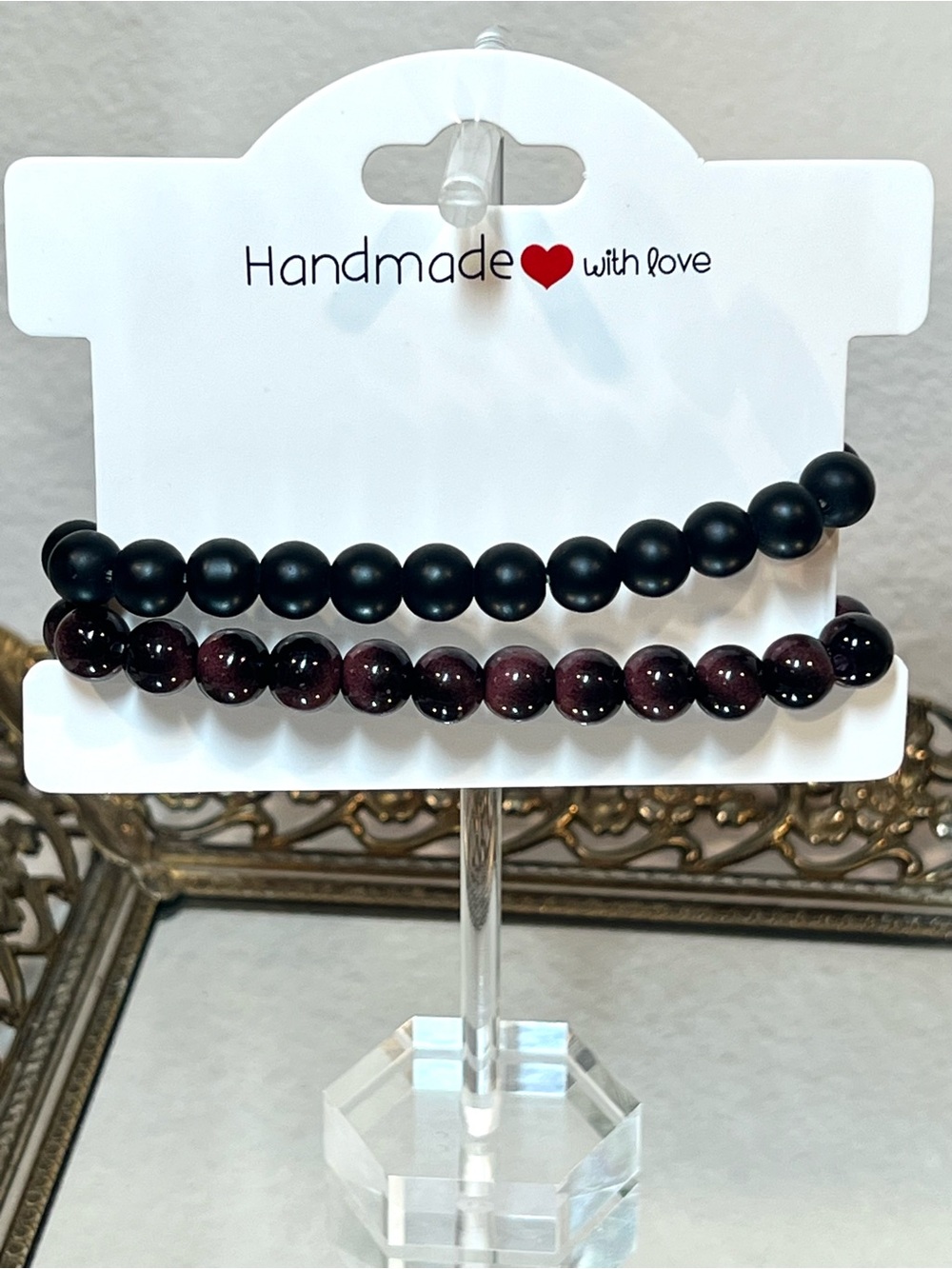 💥3/$50 NEW! Black Obsidian and Flame Jasper Beaded Stretch Bracelet | Set ~7”
